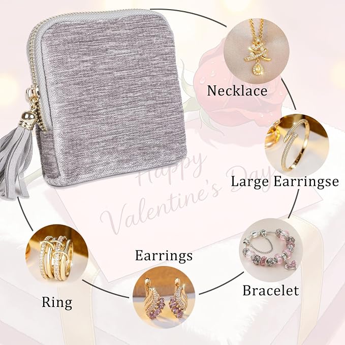 ASINGYER Travel Jewelry Storage Bag for Women, Velvet Portable Jewelry Organizer with Tassel Zipper, Small Pouches for Bracelets Necklaces Rings Earrings, Wedding Gift for Women (silver) - Image 4