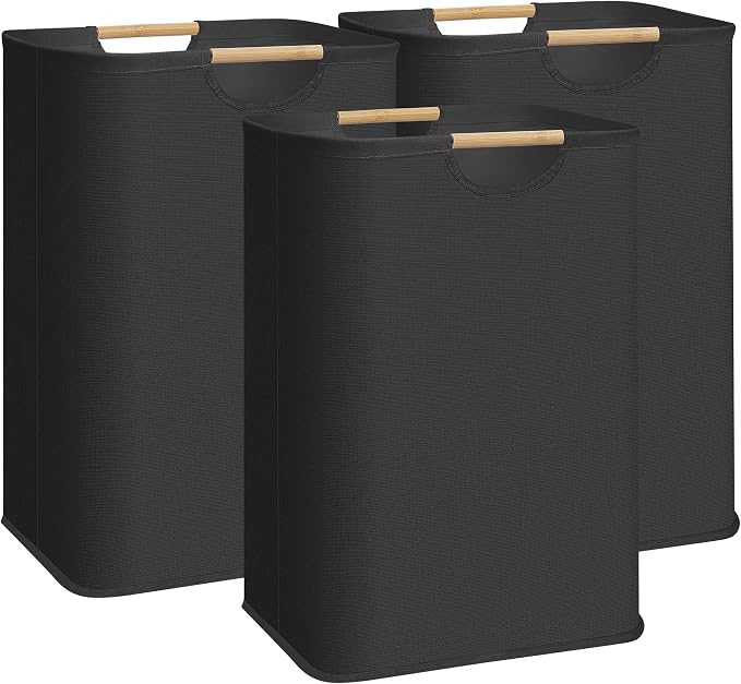 STORAGE MANIAC 3-Pack Large Laundry Hamper, 80L (21.1 Gal) Collapsible Laundry Basket with Bamboo Handles, Freestanding Waterproof Clothes Hamper for Laundry Room, Bedroom, Dorm, Towels, Toys, Black by STORAGEMANIAC