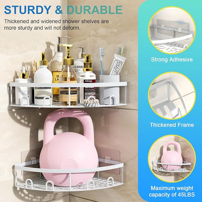 Corner Shower Caddy, 2 Pack Adhesive Bathroom Shower Corner Organizer Shelf, No Drilling Rustproof Wall Mounted Shower Storage Rack Shampoo Holder Organizer (White) - Image 4