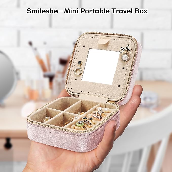 Plush Velvet Travel Jewelry Box for Women & Girls - Small Portable Organizer, Storage Case for Rings, Earrings, Necklaces & Bracelets – Ideal Gift for Travel & Occasions (Gray pink) - Image 5