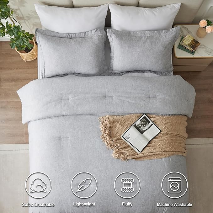 CozyLux Oversized Queen Comforter Set, 3 Pieces 98x98 Light Grey Soft Luxury Cationic Dyeing Bedding All Season, Light Gray Breathable Fluffy Bed Sets with 1 Alternative Comforter and 2 Pillow Shams