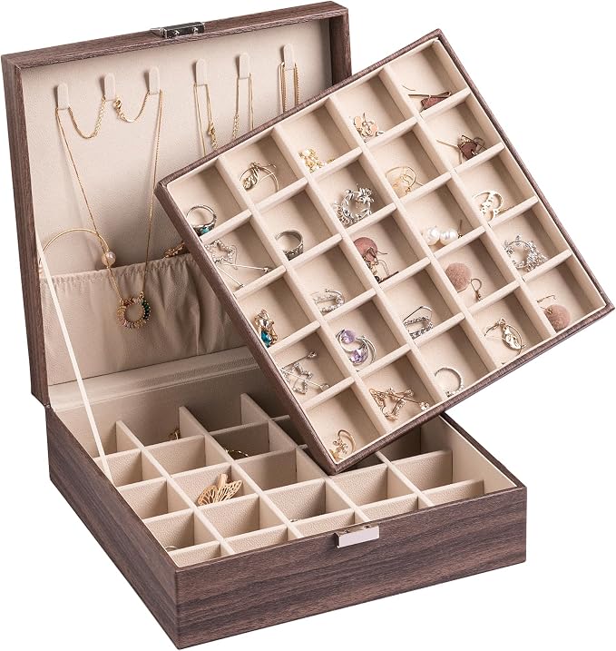 Frebeauty Earring Organizer Classic Jewelry Box 50 Slots Double Layer Jewelry Storage Case with 6 Necklace Hook and Bracelet Pocket(Tree Brown) by Frebeauty