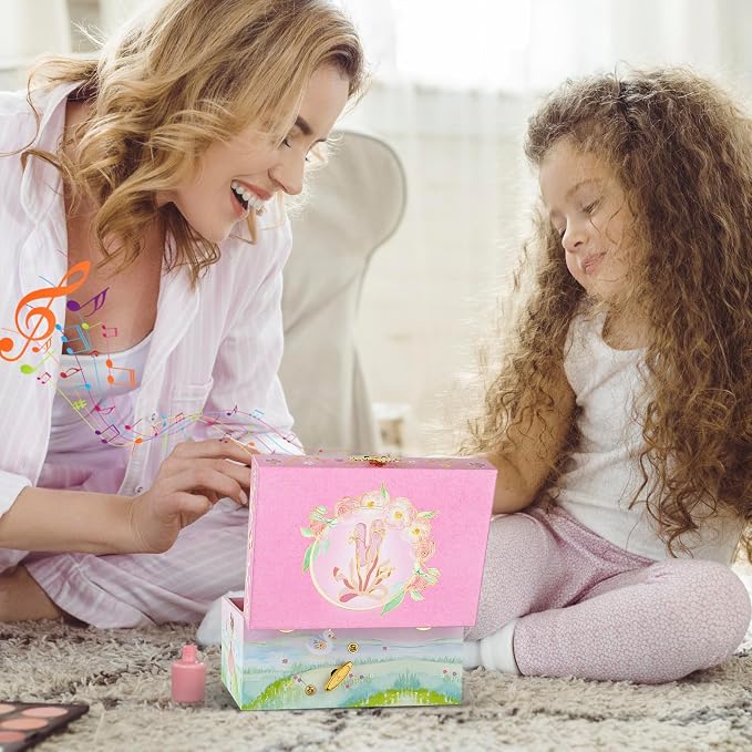 Kids Musical Jewelry Box for Girls- Glitter Storage Box and Jewelry Set- Ballet Birthday Gifts for Little Girls, Ballerina Theme - Swan Lake Tune Pink， 6 x 4.7 x 3.5 in - Ages 3-10 - Image 5