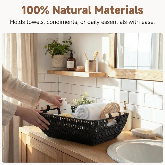StorageWorks Large Wicker Storage Basket for Organizing, Toilet Paper Baskets for Shelf, Paper Rope Storage Baskets with Wooden Handles, Black, 2-Pack - Image 4