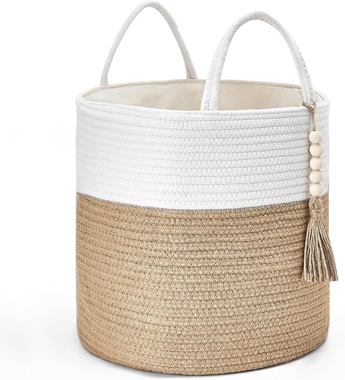 Mkono Woven Storage Basket Decorative Rope Basket Wooden Bead Decoration for Blankets,Toys,Clothes,Shoes,Plant Organizer Bin with Handles Living Room Home Decor, 11" W × 11" L, Cream White and Brown by Mkono