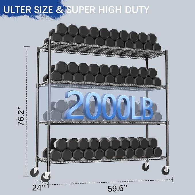 Heavy Duty Shelving, 76.2" H Garage Shelving Unit with Wheels, 4-Tier Garage Storage Shelves Metal Shelves Rack, Adjustable Industrial Shelving for Warehouse Storage, 60" W x 24" D x 76.2" H, Black - Image 3
