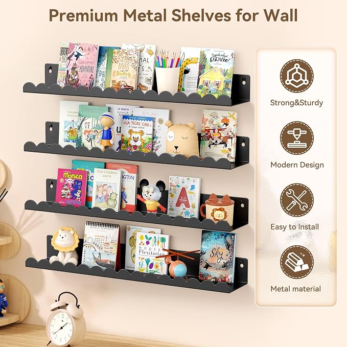 Floating Shelves for Wall, 23 Inch Metal Nursery Book Shelves 4 Pack, Wall Mounted Book Shelf for Kids Room, Bedroom, Bathroom, Playroom Decor (Black) - Image 3