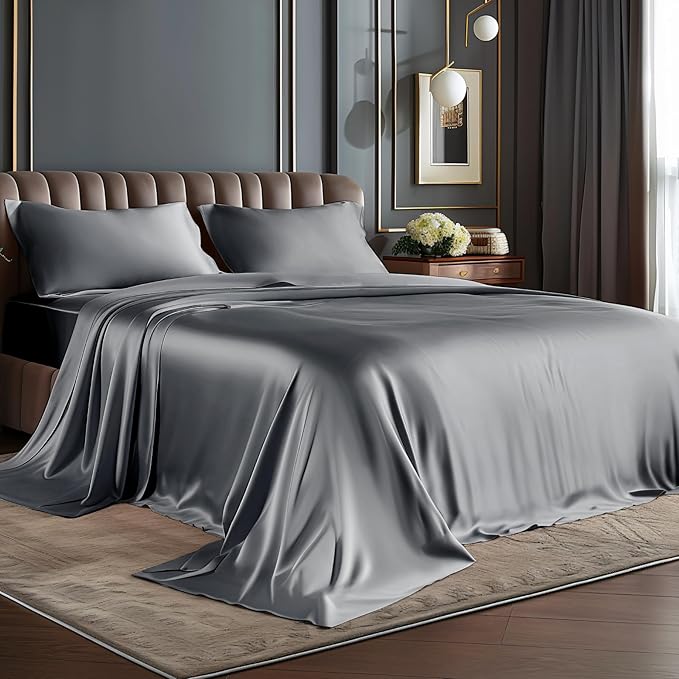 BEDELITE Satin Sheets Full XL Size Bed Set, Luxury Soft Dark Grey Silky Sheets for Hair and Skin, Similar to Silk Bed Sheets Set 4 Pieces with 1 Deep Pocket Fitted Sheet, 1 Flat Sheet, 2 Pillowcases