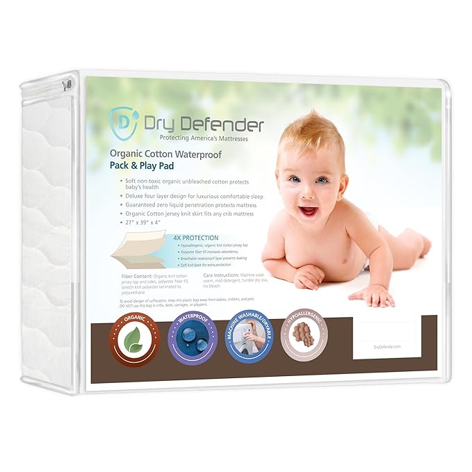 Organic, Cotton Quilted Pack 'n Play Size Fitted Mattress Pad Cover, Natural