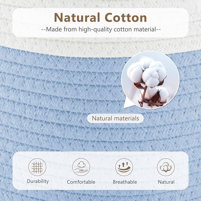 ECDYQXVU Cotton Rope Storage Basket, 15x10x9 Inches, Woven Basket for Shelves, Clothes, Towels, Books, and Laundry, White Blue (3 Pack) - Image 2