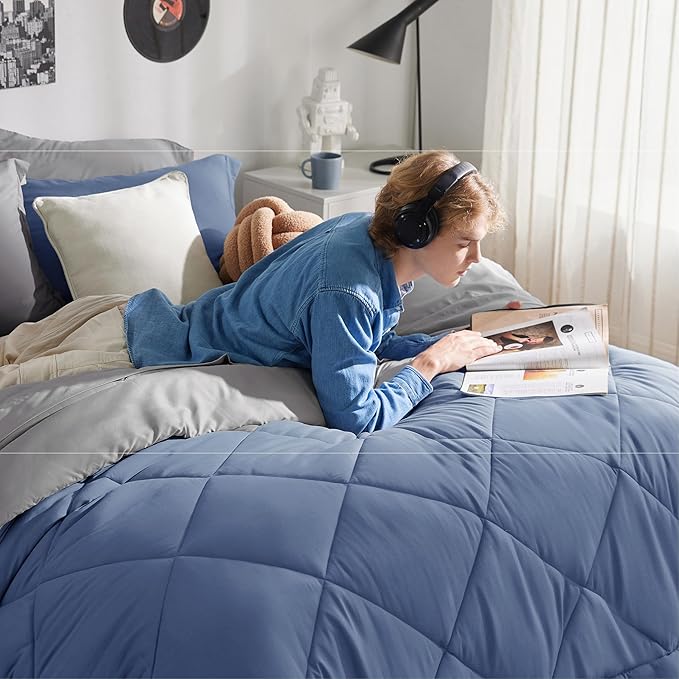 Bedsure Twin XL Comforter Set - 5 Pieces Reversible Twin XL Bed in a Bag, Infinity Blue and Grey with Comforters, Sheets, Pillowcase & Sham