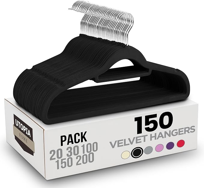 Utopia Home Premium Velvet Hangers 150 Pack - Non-Slip Clothes Hanger with Tie Bar - Black Hangers with 360 Degree Rotatable Hook - Heavy Duty Coat Hanger by UTOPIAHOME
