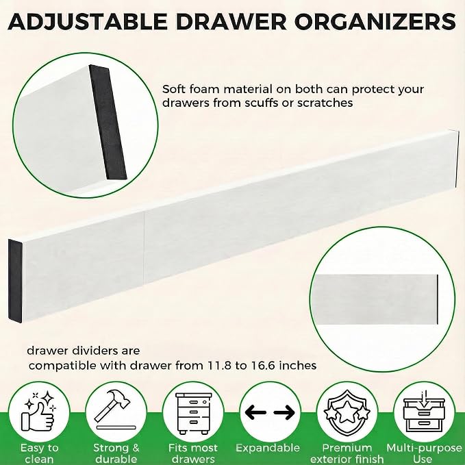 4 Pack Bamboo Drawer Dividers 2.6" High, Adjustable Length from 12 Inch to 17 Inch, Expandable Kitchen Drawer Organizer Separators for Clothes, Kitchen, Bedroom, Dresser, Office (White) - Image 2