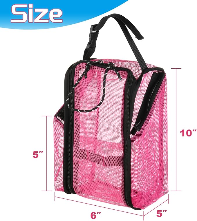 Cosmos Mesh Shower Caddy Toiletry Organizer Hanging Shower Tote Bag, Quick Dry Shower Organizer Portable Bath Bag with Durable Zippers & Side Pockets for Travel Gym Swimming Beach & Camp (Hot Pink) - Image 2