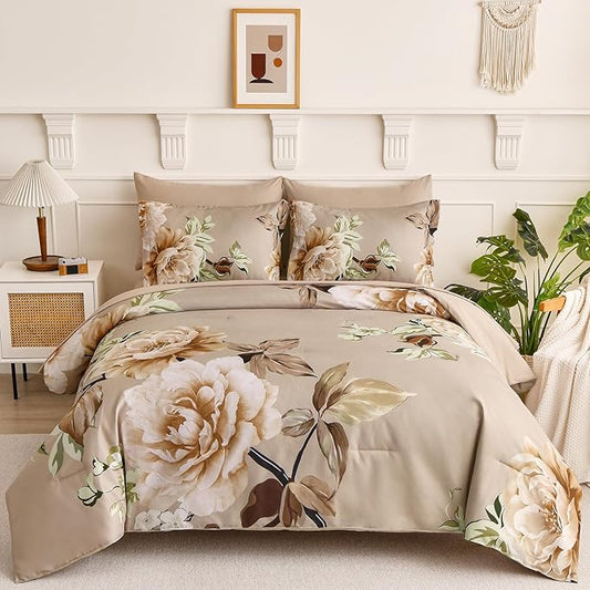 Drucon Floral Comforter Set King Size 7 Pieces Bed in a Bag, Khaki Floral Bedding Set, Soft Microfiber Comforter and Sheet Set for All Season (King, 104"x90")