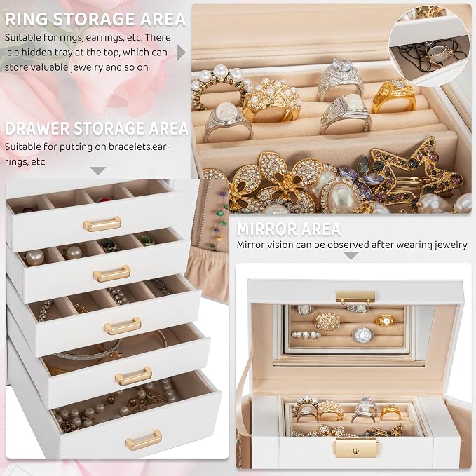 AKOZLIN 6-Tier Jewelry Box Lockable Leather Jewelry Storage Case with 5 Drawers for Women Girls Ring Necklace Earring Bracelet Holder Organizer with Mirror - Image 3