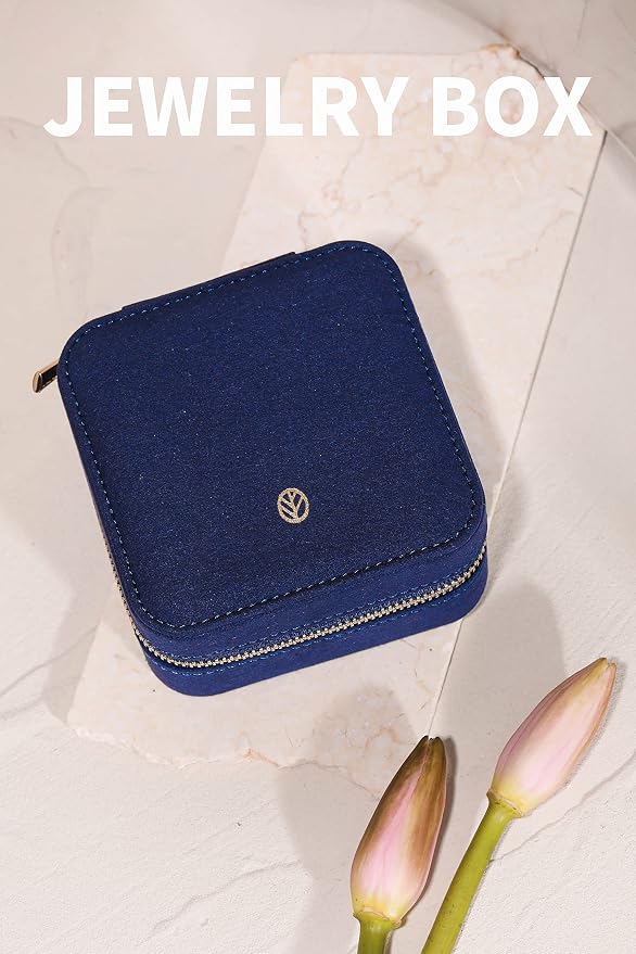 S.Leaf Travel Jewelry Organizer Boxes for Women Small Portable Necklace Earrings Bracelet Rings Travel Case Best Friend Birthday Gifts for Women Trendy (06_Suede_Touch_Navy) - Image 2