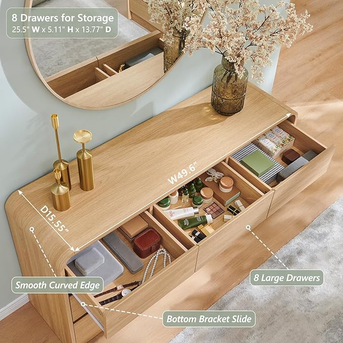 Aitjunz Modern 8 Drawers Dresser for Bedroom, 55" Wide Dressers & Chest of Drawers w/Curved Profile Design, Wood Mid Century Storage Dressers Organizer for Bedroom, Living Room, Natural Oak