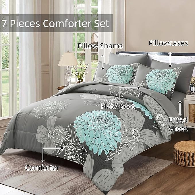 Yiran 7 Pieces Bed in a Bag Floral Comforter Set Queen Flowers Bedding Set Soft Microfiber Boho Comforter Sets with 1 Comforter 1 Flat Sheet 1 Fitted Sheet 2 Pillowshams and 2 Pillowcases
