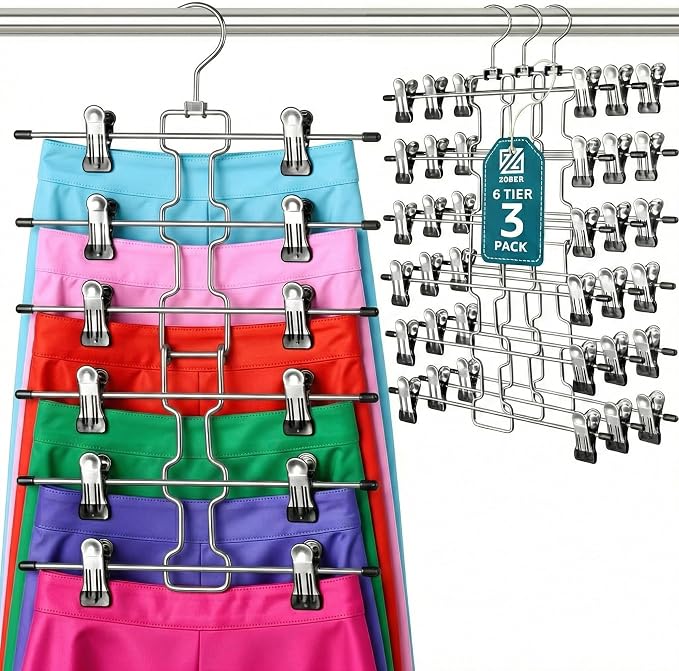 ZOBER 3-Pack 6-Tier Skirt Hangers with Clips - Pants Hangers with Clips Space Saving, Closet Organization, Swivel Hooks, College Dorm Essentials, Skirt Hangers for Women, Jeans Organizer for Closet by ZOBER