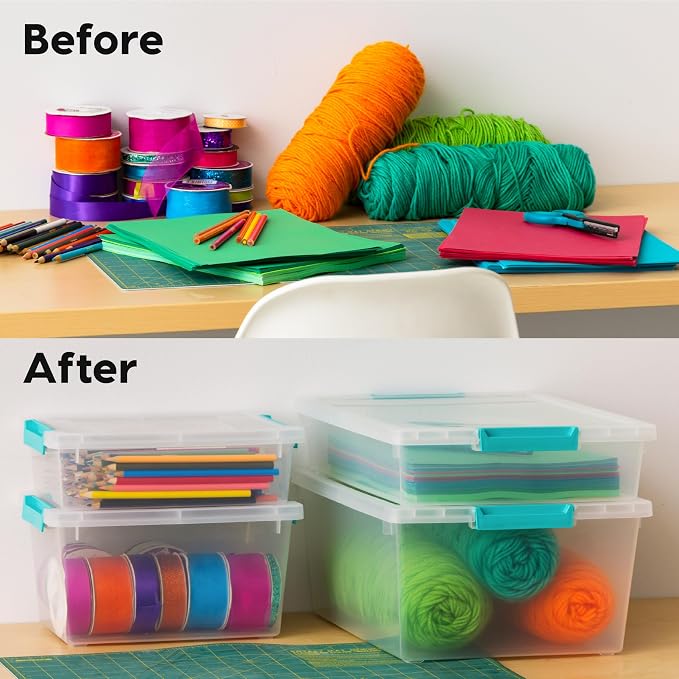 IRIS USA 2 Qt. Craft Storage Bins with Lids, 6-Pack, |Made in USA|, Clip Box, Small Plastic Sensory Bin Tote Organizer Containers for Art Supplies, Paper, & Office, Stackable - Clear/Seafoam Blue - Image 4