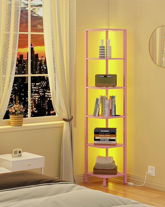 TUTOTAK Corner Shelf with LED Light, 6-Tier Corner Bookshelf for Small Space, Narrow Display Corner Shelf Stand with Storage Rack, for Living Room, Bedroom, Pink BS08BP006L - Image 3