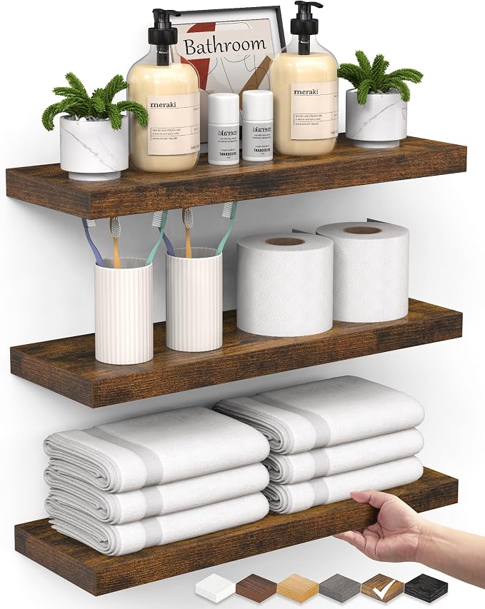 BAYKA Bathroom Floating Shelves for Wall Set of 3 - Rustic Brown Farmhouse Wood Shelves Over Toilet for Bedroom, Kitchen, or Living Room Decor Display, Storage for Plants, Toilet Paper or Bath Towels by Bayka