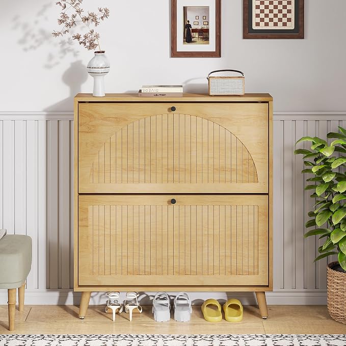 Fsbecl Shoe Storage Cabinet for Entryway with 2 Flip Drawers, Narrow Wood Shoe Cabinet with Fluted Panel, Freestanding Hidden Shoe Organizer for Foyer, Hallway (Wood Color - No Shelf) - Image 6