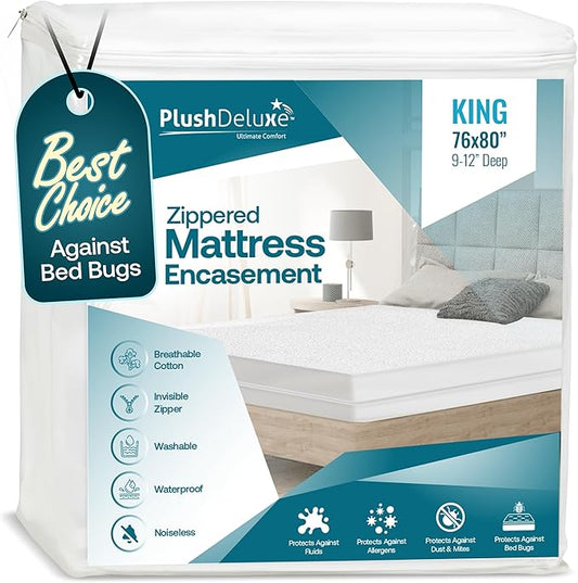 PlushDeluxe King Size Premium Mattress Encasement - Zippered Waterproof, Bedbug Proof Design, 6-Sided Protection - Hypoallergenic Cotton Terry Fabric 9-12" Depth