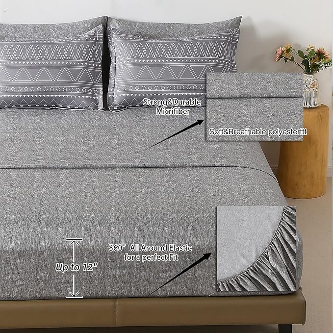WONGS BEDDING Grey Boho Comforter Set Queen Size,Dark Grey Bed in a Bag 7 Pieces Texture Stripe Comforter Reversible Soft Microfiber Bedding Set for All Season with Sheets, Pillowcases & Shams