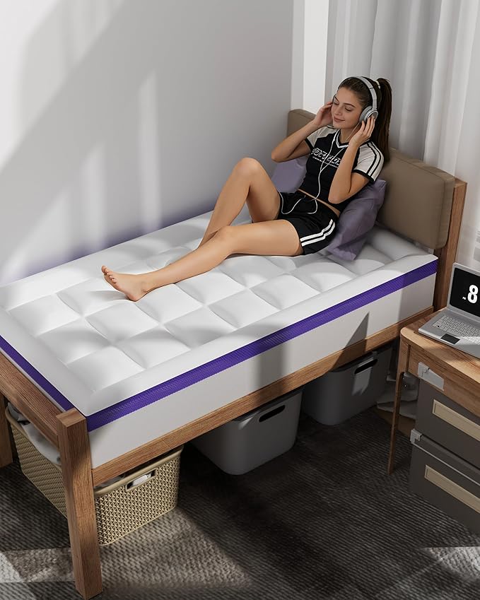 Dual Layer 4 Inch Memory Foam Mattress Topper Full XL - 2 Inch Gel Memory Foam and 2 Inch Pillow Top Mattress Pad,7-Zone Egg Crate Full XL Size Mattress Topper(White)