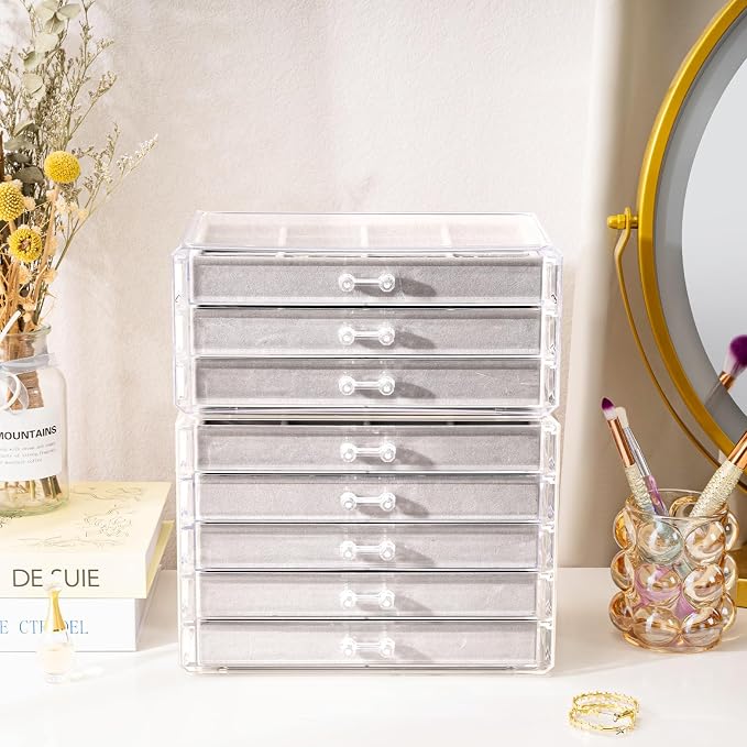 ProCase Earring Holder Organizer Jewelry Box with 8 Drawers, Acrylic Clear Earring Case with Adjustable Velvet Trays for Women - Grey, 8 Layers - Image 6