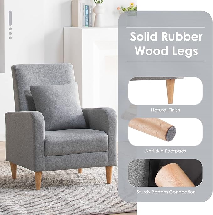 COLAMY Fabric Accent Living Room Chairs Set of 2, Upholstered Arm Chair Reading Side Chair, Single Sofa with Back Pillow and Wood Legs, Light Grey