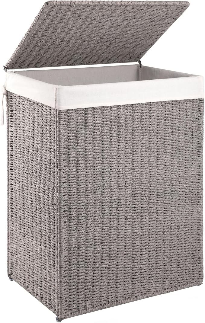 OIAHOMY Laundry Hamper with Lid, 90L(23.8 Gal) Large Wicker Laundry Basket for Bedroom, Handwoven Paper Rope Clothes Hamper with Washable Liner & Metal Frame, Decorative Organizer for Bathroom Grey by MasterofSpaceOptimization
