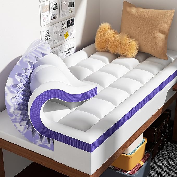 Dual Layer 4 Inch Memory Foam Mattress Topper Twin XL - 2 Inch Gel Memory Foam and 2 Inch Pillow Top Mattress Pad, 7-Zone Egg Crate Twin XL Size Mattress Topper(White)