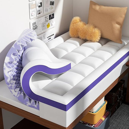 Dual Layer 4 Inch Memory Foam Mattress Topper Twin XL - 2 Inch Gel Memory Foam and 2 Inch Pillow Top Mattress Pad, 7-Zone Egg Crate Twin XL Size Mattress Topper(White)