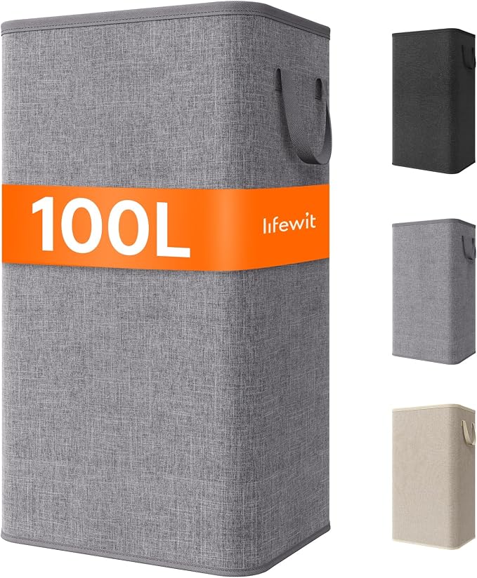 Lifewit 100L Large Tall Laundry Hamper, Collapsible Laundry Basket with Handles, Foldable Clothes Hampers for Laundry, Portable Dirty Clothes Hamper for Dorm College Bedroom Bathroom, Light Gray by Lifewit