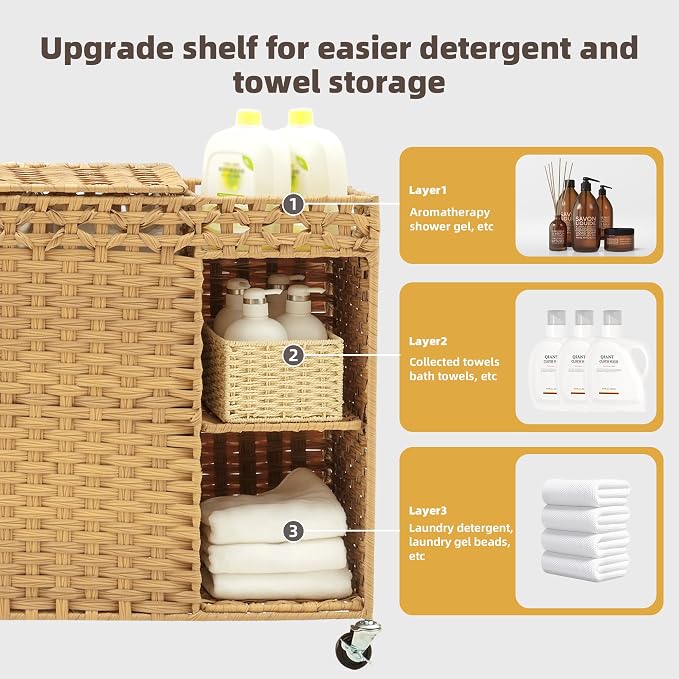 Laundry Hamper with Lid, 160L Rattan Wicker Laundry Basket with Wheels, Handwoven Laundry Hamper 2-Section with Storage shelf(42.3 Gal), Laundry Sorter Basket with Removable Liner, Natural HLH032N - Image 3