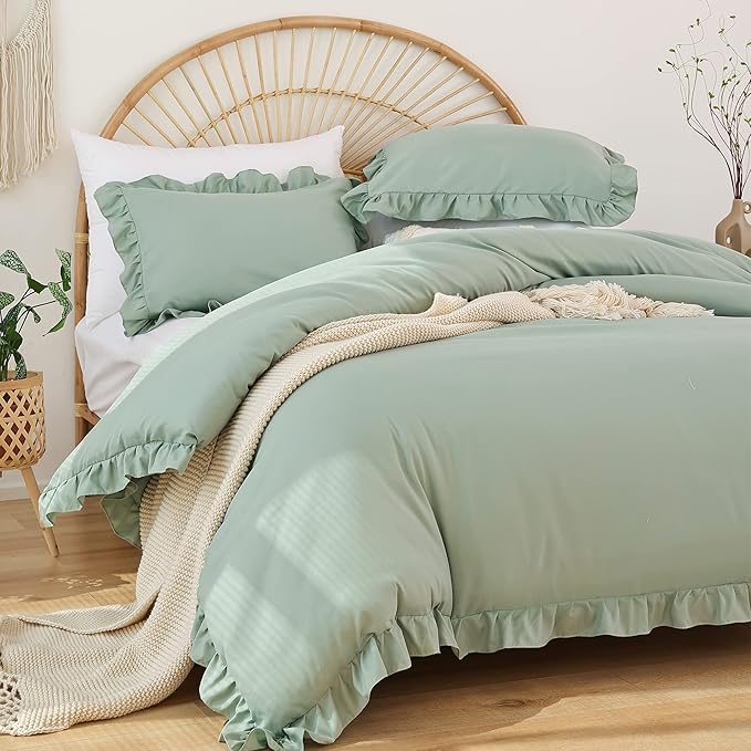 JANZAA Twin Comforter Set Sage Green Comforter Set 2PCS Ruffled and 1 Pillow Case Fluffy Vintage Farmhouse Shabby Chic Bedding Soft All Season
