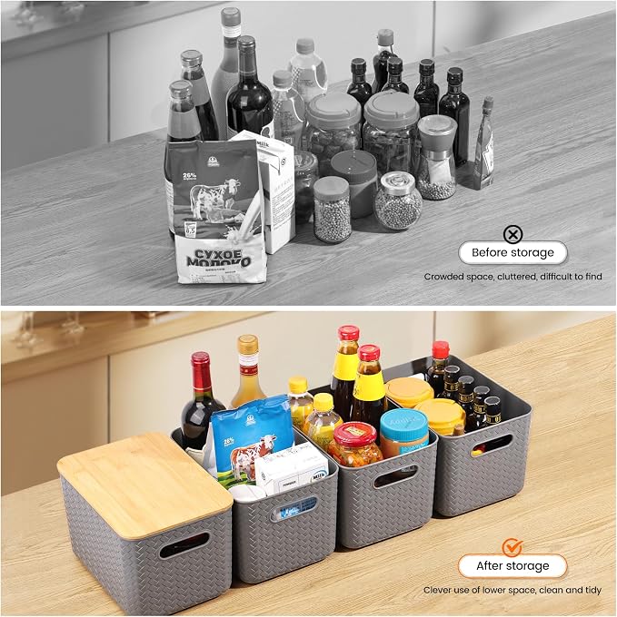 Ohmlove 4 Packs Storage Bins with Bamboo Lids - Plastic Storage Containers with Lids Stackable Storage Box：Storage Baskets for Organizing Desktop Closet Playroom Classroom Office,Gray - Image 4