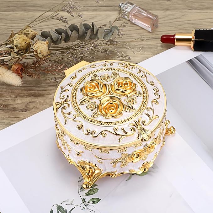 Hipiwe Round Jewery Box Metal Trinket Organizer Decorative Keepsake Box for Trrasure Ring Earring Holder Vintage Jewelry Display Case, Beige, 5.7" L x 5.1" W x 3.5" H - Image 5