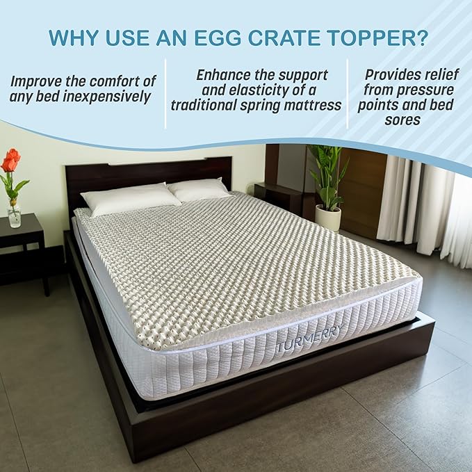 Turmerry 2.4" Green Natural Organic Egg Crate Latex Mattress Topper Queen Size - Soft Plush Pillow Top - GOLS Certified Convoluted Foam - Pressure Point Back Pain Relief Sleep Cool Bed Pad