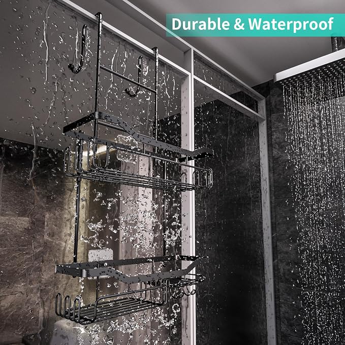 HapiRm Hanging Shower Caddy Over the Door with Soap Holder, No Drilling Adhesive Shower Organizer with 11 Hooks, Rustproof & Waterproof 304 Stainless Steel Bathroom Shelves - Black - Image 2
