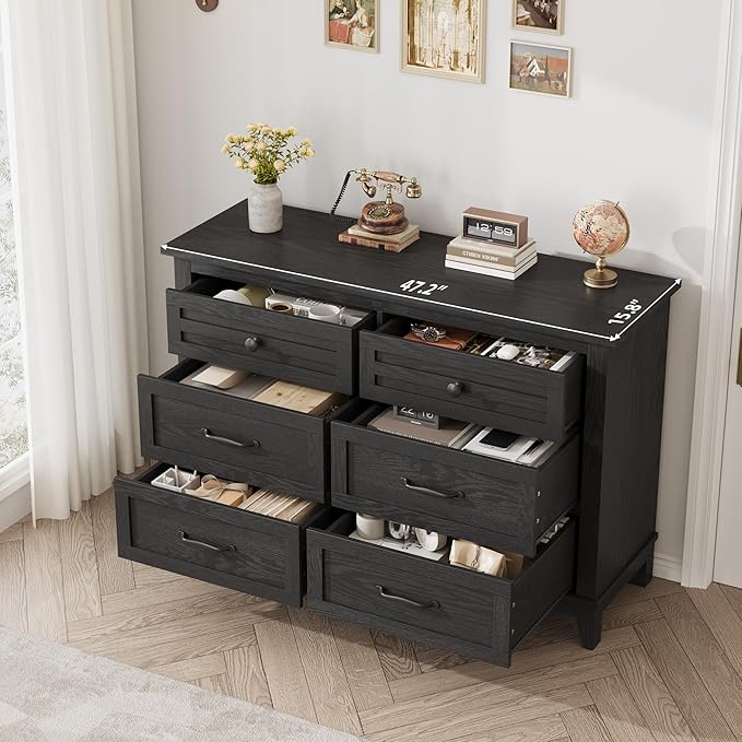 GarveeHome 6 Dresser for Bedroom, 47 in Wide Drawer Dresser with Storage Freestanding, Wooden Closet Storage Chest for Living Room, Bedroom, Entryway, Dark Black