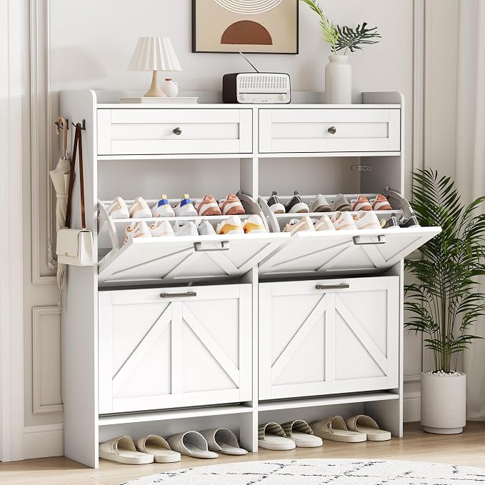 Shoe Cabinet with 4 Flip Drawers & 2 Top Drawers, 43" Tall Freestanding Shoe Storage Organizer for Entryway, Wooden Narrow Hidden Slim Shoe Rack for Front Door Entrance, Hallway, Living Room, White - Image 5