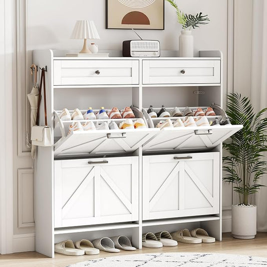 Shoe Cabinet with 4 Flip Drawers & 2 Top Drawers, 43" Tall Freestanding Shoe Storage Organizer for Entryway, Wooden Narrow Hidden Slim Shoe Rack for Front Door Entrance, Hallway, Living Room, White by Xixini