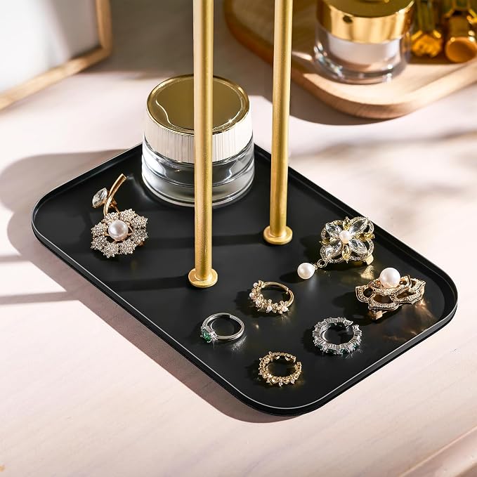pickpiff Necklace Holder Jewelry Organizer Stand – 2‑Tier T‑Bar Jewelry Display Tree with Tray for Countertop Necklace Bracelet Earring Storage, Vanity Dresser Bathroom Sink, Black-Gold - Image 3