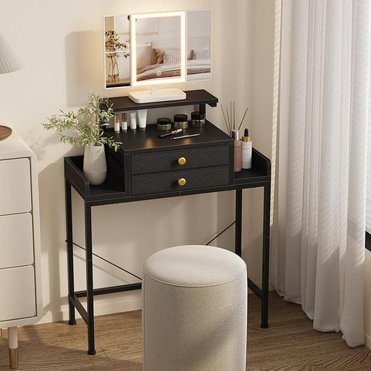 HIGDBFE Vanity Desk with Mirror and Lights, 28.4''W Small Makeup Vanity Table with Height-Adjustable Stand, 2 Fabric Drawers Compact Makeup Desk, Gift for Girls, Bedroom Small Space, Black
