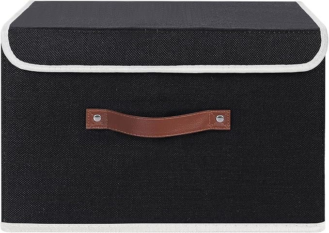 ANMINY 2PCS Storage Bin with Lid Storage Boxes with PU Leather Handles PP Plastic Board Decorative Foldable Lidded Cotton Linen Fabric Home Cubes Baskets Closet Organizer Container - Black, Medium - Image 6