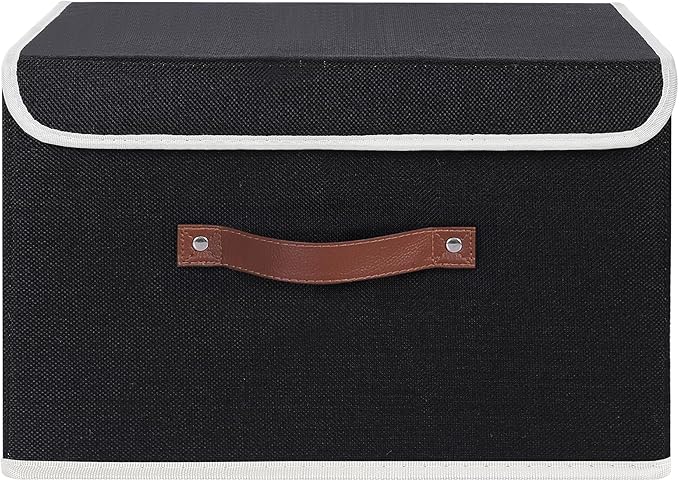 ANMINY Storage Bin with Lid Storage Boxes with PU Leather Handles PP Plastic Board Decorative Foldable Lidded Cotton Linen Fabric Home Cubes Baskets Closet Organizer Container - Black, Large Size - Image 2